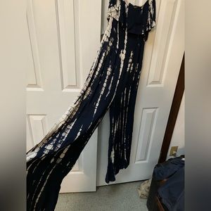 Promesa Ruffle-top Strapless Jumpsuit, Med. TieDye Navy/White. Elastic bodice.